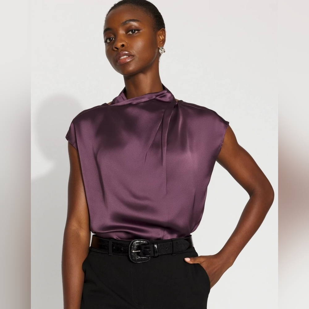 WHBM Satin Draped Sleeveless Blouse in Gala Purple Size Medium